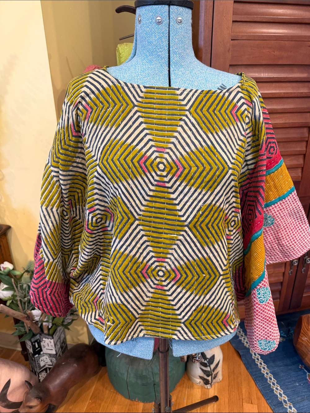 Kantha quilted Boho Geometric Printed Women’s Top in Olive & Pink